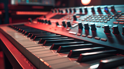 Close up of electronic piano keyboard. Music and sound concept. Selective focus.