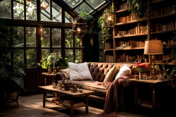 Cozy Home Interior with Bookshelves and Comfortable Sofa.