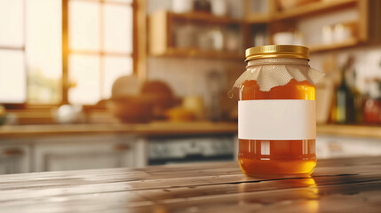 Honey jar mockup with blank label. blurry kitchen background.