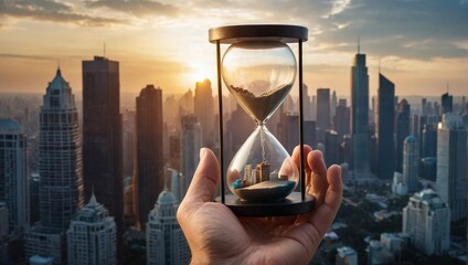 Hourglass in hand on a background of skyscrapers. Time management concept - obrazy, fototapety, plakaty