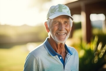 Portrait of happy senior man in baseball cap smiling at camera outdoors - obrazy, fototapety, plakaty