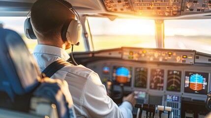 The pilot controls the aircraft. The control panel in the cockpit glows and clouds are visible in the windshield. Generative AI. Illustration for banner, poster, cover, brochure or presentation.