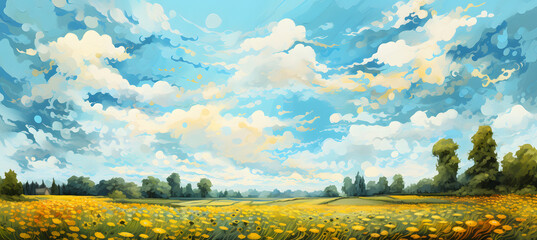 Summer meadow blow balls landscape painting. A stunning abstract  illustration inspired by Van Gogh's style, featuring a curly tree against a backdrop of vibrant flower fields and a swirling sky