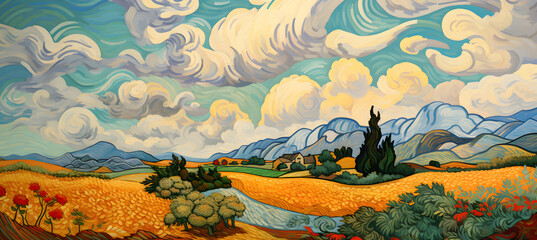 Summer meadow blow balls landscape painting. A stunning abstract  illustration inspired by Van Gogh's style, featuring a curly tree against a backdrop of vibrant flower fields and a swirling sky