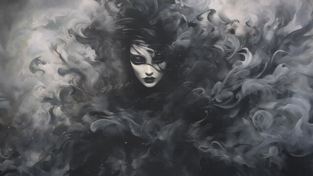 elaborate venetian mask portrayed in swirling smoke. seamless looping overlay 4k virtual video animation background 