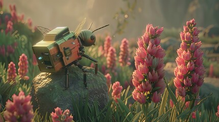 A robotic bee perches on a flower and pollinates it. Hard-working insect pollinator with artificial intelligence at work. Technologies of the future. Illustration for varied design.