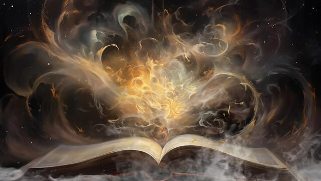 magical wizards spellbook portrayed in swirling smoke. seamless looping overlay 4k virtual video animation background 