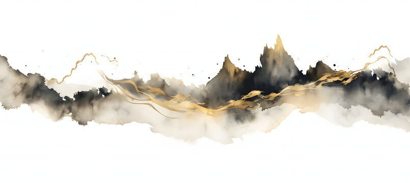 Ink wash painting with mountains in fog. Panoramic landscape in traditional oriental ink painting sumi-e, u-sin, go-hua on rice paper background. Translation of hieroglyph - eternity