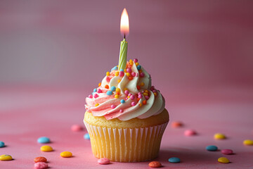 A festive cupcake with pink and white frosting, lit candle on top, on a pink background.