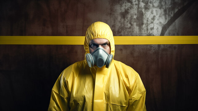 Man wearing chemical protective suit on black background. Image show the importance of protection readiness and safety in industrial factory.
