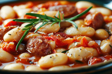  Polish ,baked beans,, White beans cooked in a thick tomato sauce, there are small pieces of sausage in the tomatoes. AI generative. - 741258167
