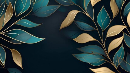 Gold leaf line art background vector. luxury gold abstract wallpaper with blue green and tide water. Beautiful vector design - obrazy, fototapety, plakaty