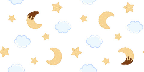 Blue sugar clouds, chocolate topped cookie crescent moons and cookie stars on a white background. Kids endless texture with sweet sky. Vector seamless pattern for giftwrap, surface texture, printing