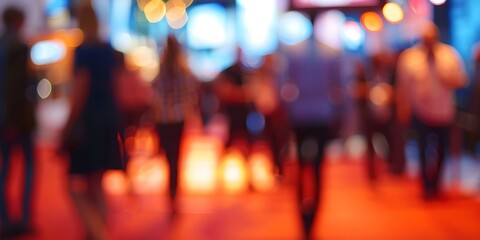 Obraz premium Blurry fastpaced scene of modern professionals networking at trade show event. Concept Trade Show Networking, Modern Professionals, Blurry Scene, Fast Paced Environment