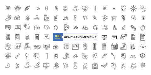 Health and medicine line icons collection. UI icon set in a flat design. Outline icons pack. Vector illustration