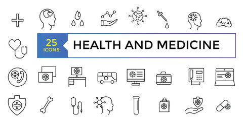 Health and medicine line icons collection. UI icon set in a flat design. Outline icons pack. Vector illustration