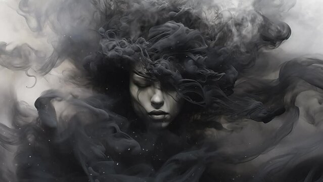 woman brought to life in swirling smoke abstract. seamless looping overlay 4k virtual video animation background 