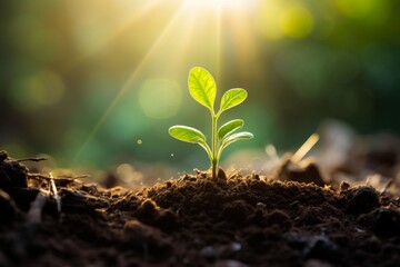 Fresh green seedling sprouting from rich soil towards sun rays, embracing new beginnings in nature - obrazy, fototapety, plakaty