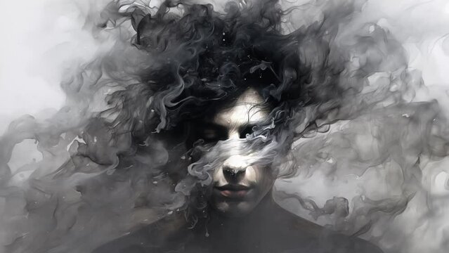 black smoky illustration on white background. man emerging from smoke abstract ink strokes illustration. seamless looping overlay 4k virtual video animation background 