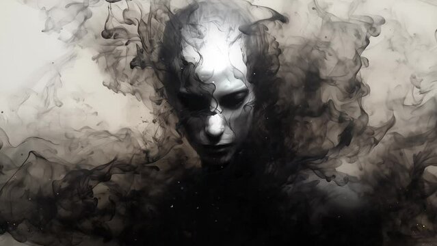 man emerging from smoke abstract ink strokes illustration. black smoky illustration on white background.  seamless looping overlay 4k virtual video animation background 