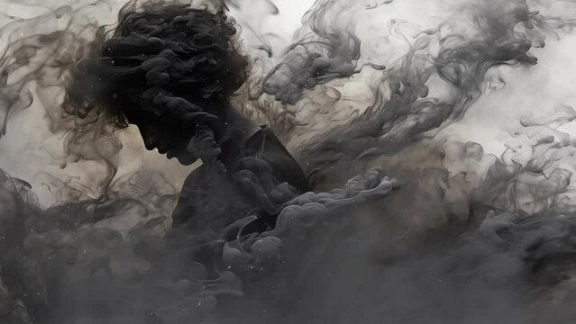 black smoky illustration on white background. abstract man brought to life through swirling smoke. seamless looping overlay 4k virtual video animation background 