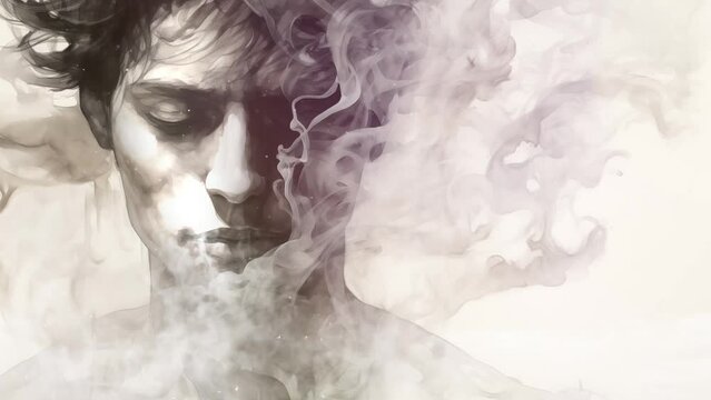 elegant man illustration of a man shaped by smoke. man emerging from smoky tendrils an abstract ink. seamless looping overlay 4k virtual video animation background 
