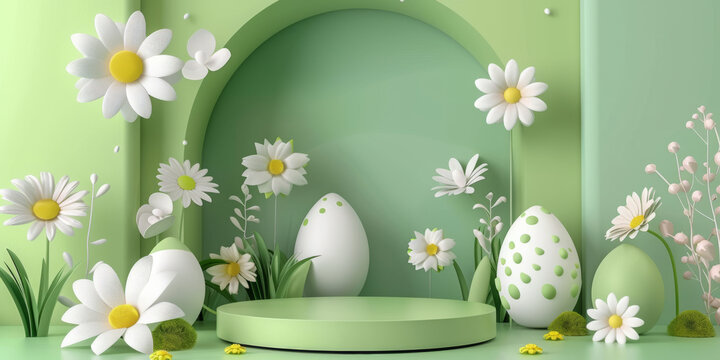 Green podium background for product, Symbols of spring energy holiday, Happy Ester, 3D rendering paper flowers with space for text or greeting card design. Postcard invitation.