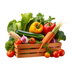 Fruits and veggies in wood box with on white and transparent background