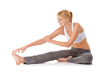 Woman, legs and stretching in studio for yoga flexibility or practice for workout warm up, wellness or white background. Female person, arm and foot for mobility training, pilates or mockup space