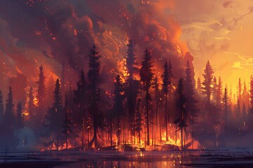 A fiery forest engulfed in billowing smoke and flames of destruction. Concept Wildfire, Forest Destruction, Environmental Crisis, Climate Emergency, Natural Disasters