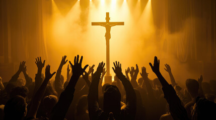 a group of Christians raise their hands in the air in front of a cross, Ai produces Image