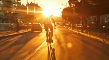 man riding a bicycle on a road in a city street. blurry city in the background. golden hour day time