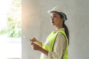 asian building inspector check defect on wall and report to client