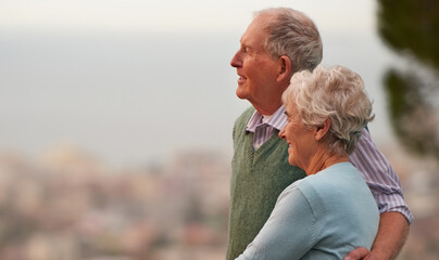 Love, anniversary and senior couple on balcony of home together with view of nature for romantic...
