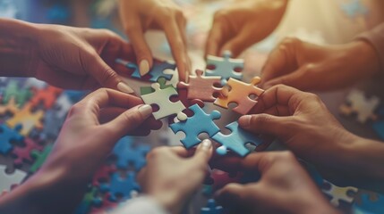 A close-up of diverse hands coming together to complete a puzzle, metaphorically solving challenges through teamwork, blurred background, with copy space - obrazy, fototapety, plakaty