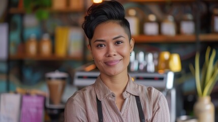 Attractive young woman at the counter in a coffee shop smiles affably and looks at the camera