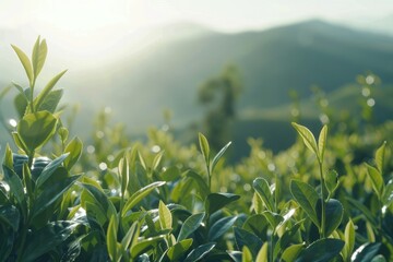 Fototapeta premium Green tea bush plantation with hills and mountains on background