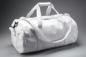 A product shot of a blank white duffle bag with a spacious interior and a sturdy handle, suitable for travel or sports.