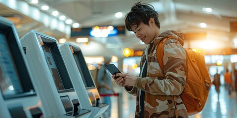 A Happy Traveler Uses a Self-Service Kiosk at the Airport to Check-in with a Smartphone for a Seamless Journey, Generative AI