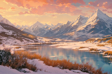 A snow-covered mountain lake at sunset