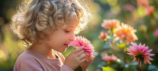 cute happy boy is smelling a fresh flower in spring - 741262731