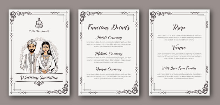 Indian wedding invitation template with ethnic bride and groom cartoon character in traditional wear, with traditional design 