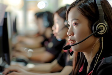 Closeup of an asian woman working in a call center