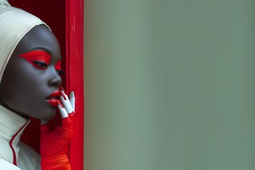 Afroamerikanisches Model Vogue Gesicht mit grandioses Make up in rot in designer Kleidung für Poster als Nahaufnahme, ai generativ - obrazy, fototapety, plakaty