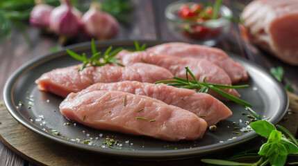 Raw chicken fillets with herbs on plate. - obrazy, fototapety, plakaty