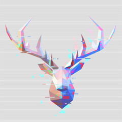 Vector contemporary digital art style stag. Vibrant low-poly design with vivid colors and glitch effects. Modern, geometric, elegant and futuristic deer illustration with digital glitch effects.