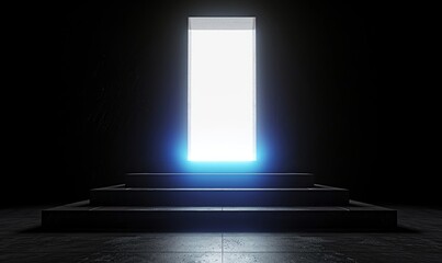 a bright white light appears in a dark room with steps after opening the double door. Abstract minimalist 3d animation. Entrance or exit, way out, Generative AI - obrazy, fototapety, plakaty