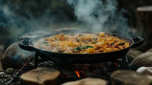 Paella cooking over an open fire.