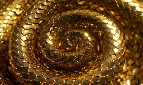 seamless 3d abstract background with golden snake spiral, shiny metallic dragon scales texture, Generative AI