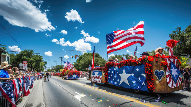 A festive parade celebrating Texas Independence Day through the streets of Austin, with vehicles passing under bright blue skies, Ai generated Images